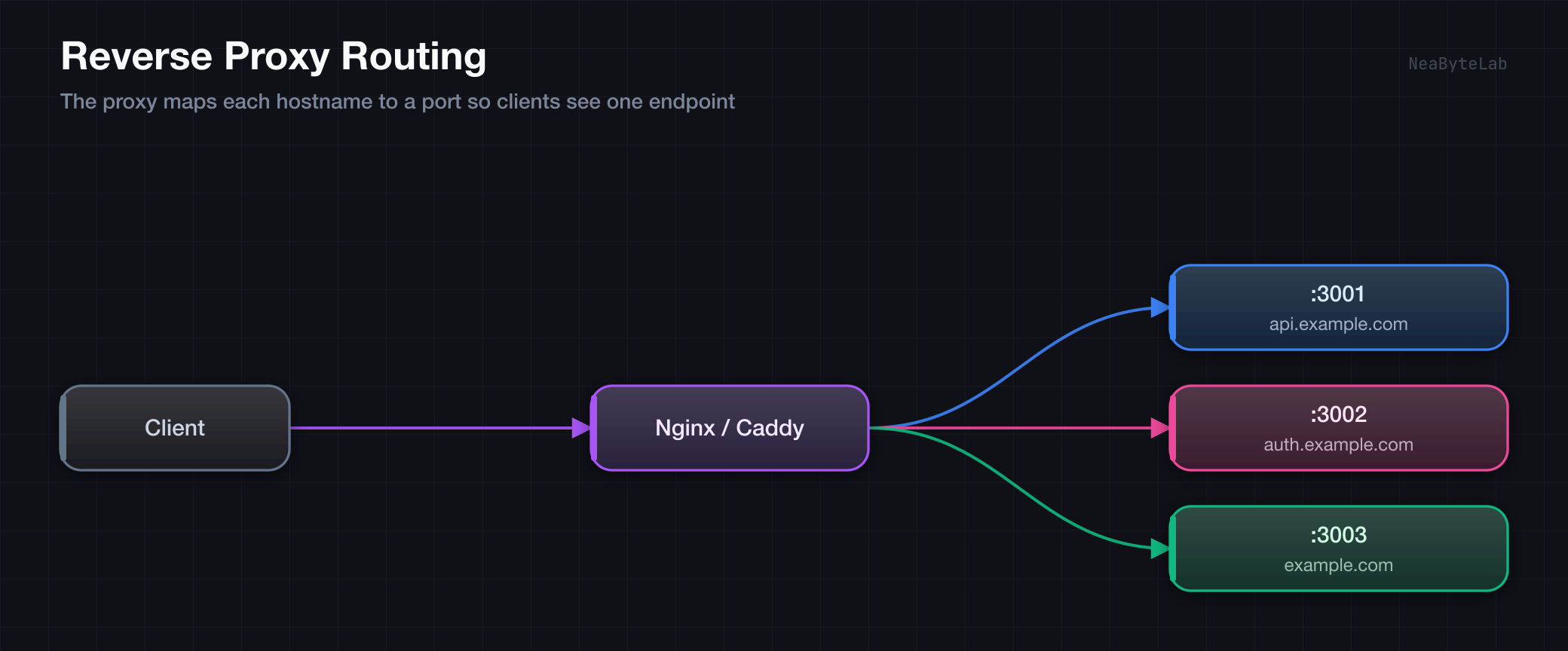 Reverse proxy seperti Nginx atau Caddy memetakan tiap hostname ke port per-service: api.example.com ke 3001, auth.example.com ke 3002, dan example.com ke 3003